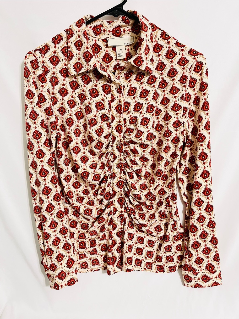 By Design Ruched Front Button-Down Shirt in Red/Cream